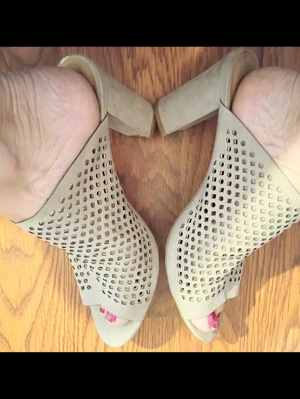Madden Girl Taupe Laser-Cut Peep-Toe Block Heel Mules